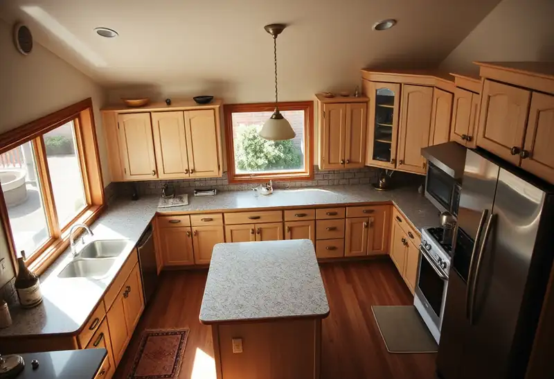 Illustration of kitchen with shaker cabinets and an island in a 1982-era home