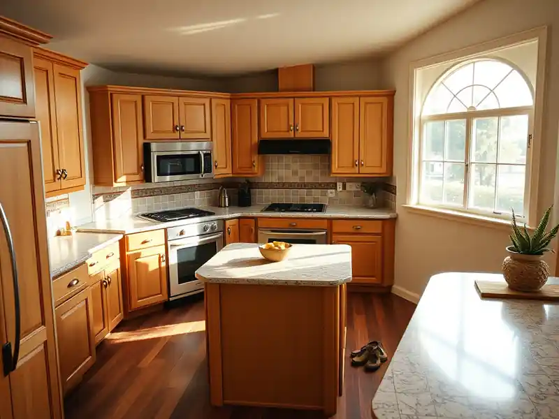 Illustration of close-up of materials and finishes of kitchen with shaker cabinets and an island in a 1982-era home