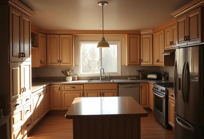 Illustration of kitchen with shaker cabinets and an island in a 1982-era home