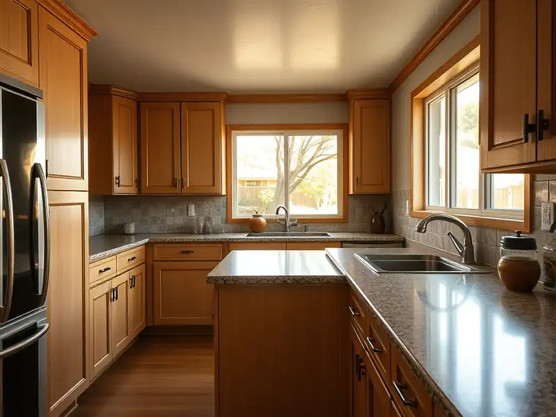 Illustration of close-up of materials and finishes of kitchen with shaker cabinets and an island in a 1982-era home