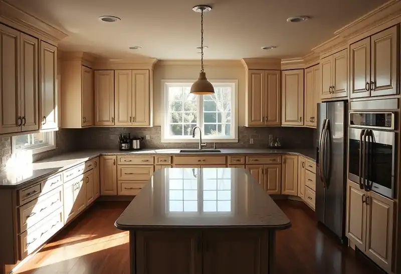 Illustration of kitchen with shaker cabinets and an island in a 1982-era home