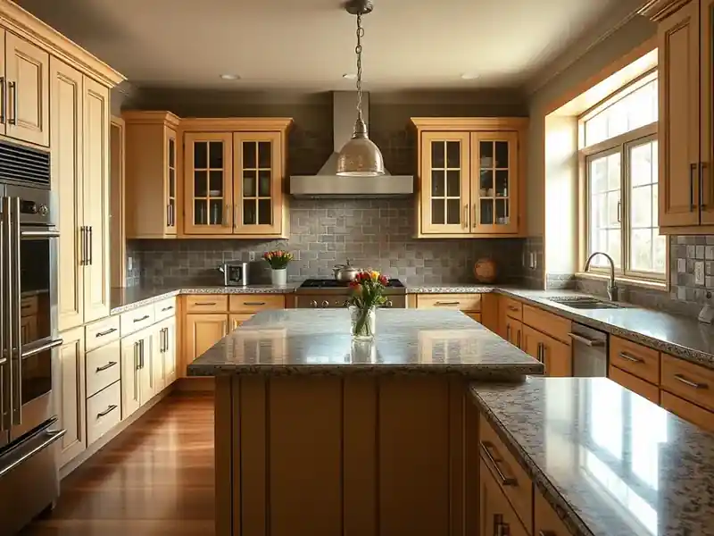 Illustration of close-up of materials and finishes of kitchen with shaker cabinets and an island in a 1982-era home