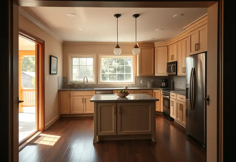 Illustration of kitchen with shaker cabinets and an island in a 1982-era home