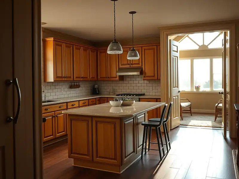 Illustration of close-up of materials and finishes of kitchen with shaker cabinets and an island in a 1982-era home