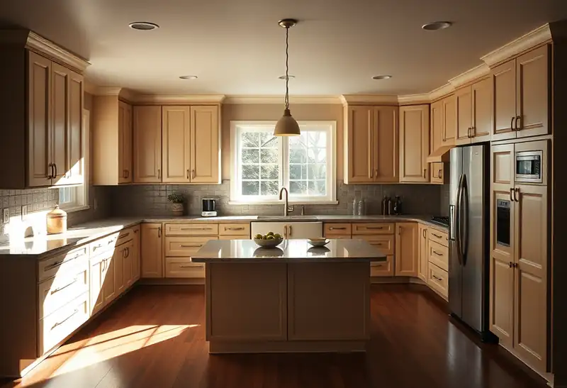 Illustration of kitchen with shaker cabinets and an island in a 1982-era home