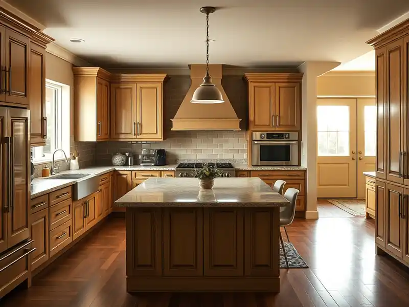 Illustration of close-up of materials and finishes of kitchen with shaker cabinets and an island in a 1982-era home