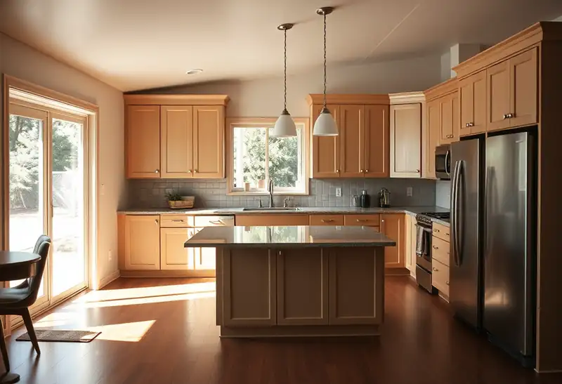 Illustration of kitchen with shaker cabinets and an island in a 1982-era home