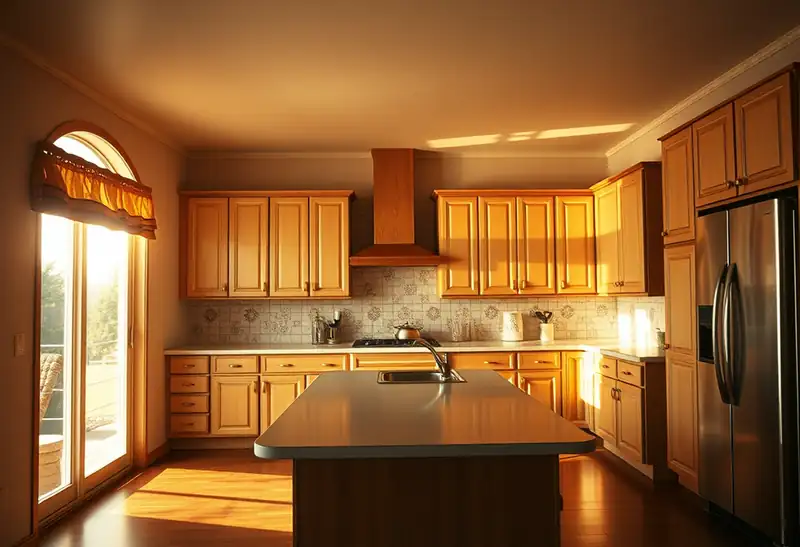 Illustration of kitchen with shaker cabinets and an island in a 1982-era home