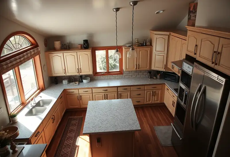 Illustration of kitchen with shaker cabinets and an island in a 1982-era home