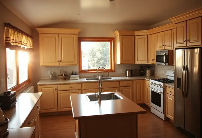 Illustration of kitchen with shaker cabinets and an island in a 1982-era home