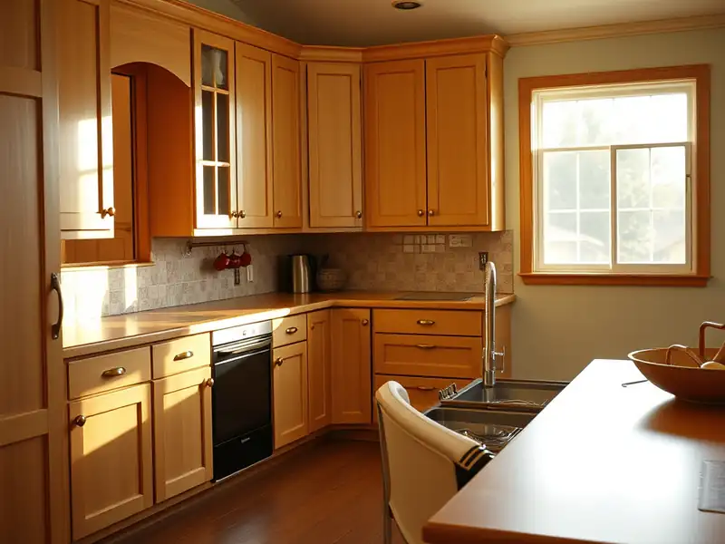 Illustration of close-up of materials and finishes of kitchen with shaker cabinets and an island in a 1982-era home