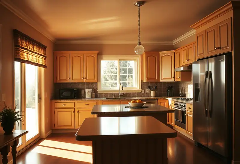 Illustration of kitchen with shaker cabinets and an island in a 1982-era home
