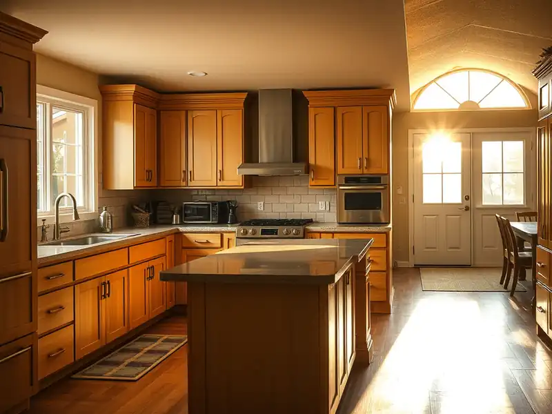Illustration of close-up of materials and finishes of kitchen with shaker cabinets and an island in a 1982-era home